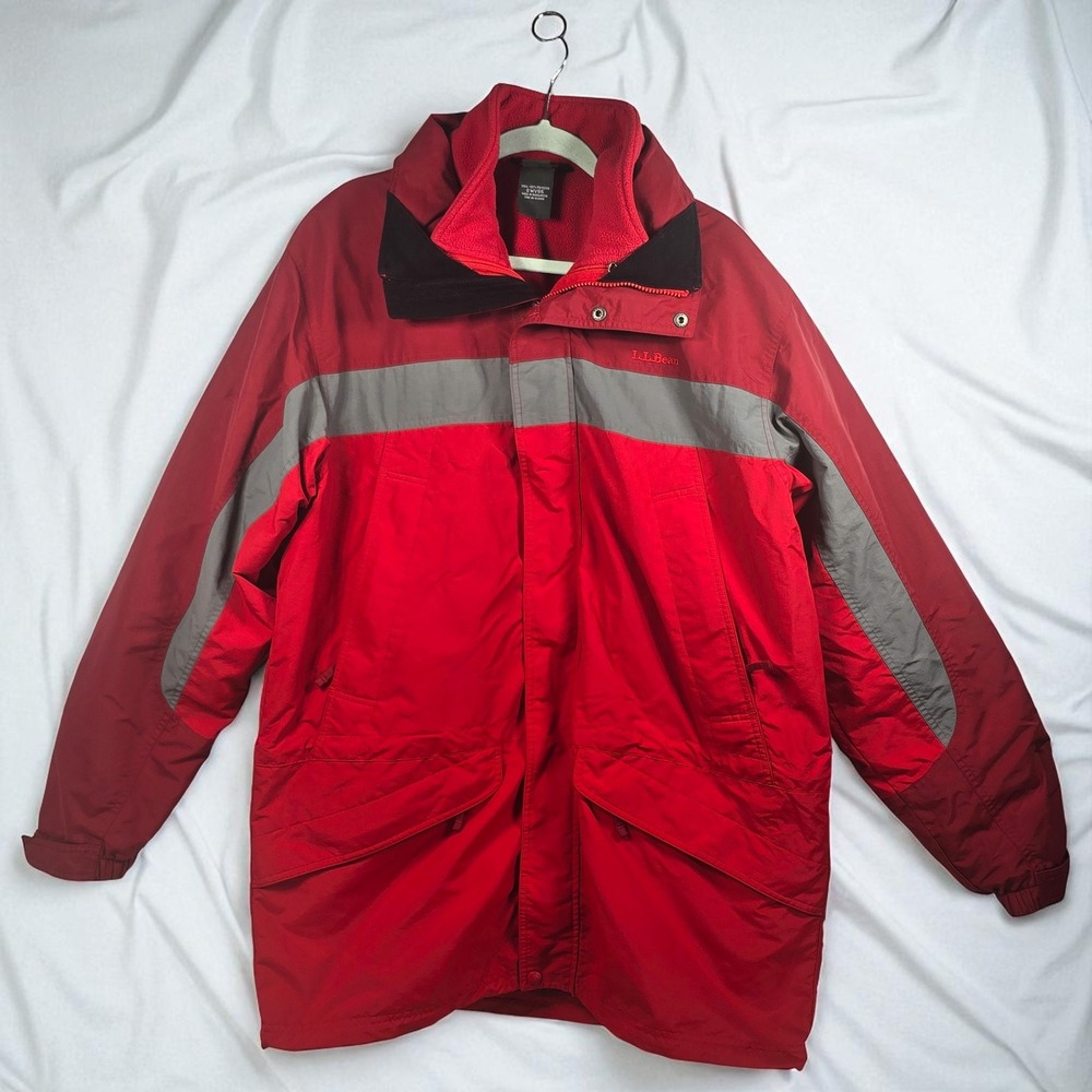 VTG LL Bean Jacket Mens Large Tall Red Gray Hooded Fleece Lined Rain Outdoor